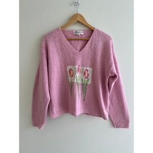 Vintage 90s Victoria Hand Painted Tulip Pink Cotton Knit Sweater USA Cottagecore